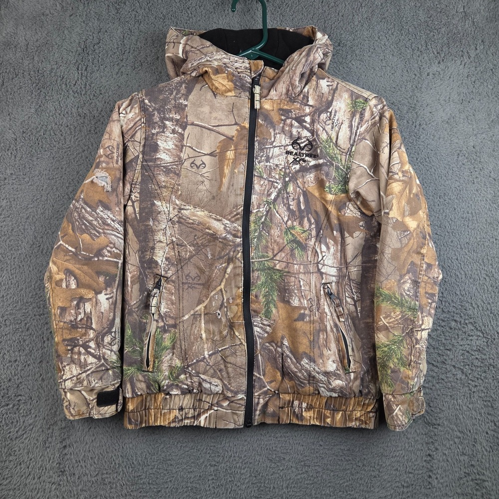 Realtree Xtra Camo Canvas Active Hooded Jacket Large 10-12 Fleece Lined Distress